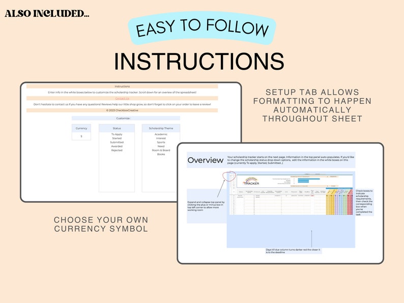 Puede incluir: Una captura de pantalla de una hoja de c&aacute;lculo digital con el texto "Instrucciones f&aacute;ciles de seguir". La imagen incluye el texto "Tambi&eacute;n incluido" y "Elige tu propio s&iacute;mbolo de moneda".
