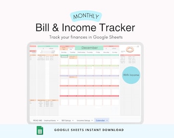 Bill Tracker Monthly Budget Planner : Smart Bill Calendar Budget Spreadsheet with Income & Bill Payment Schedule for Google Sheets