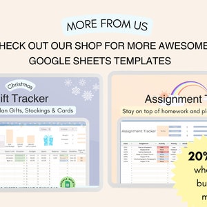 Peut inclure: Deux mod&egrave;les de feuilles de calcul Google pour le suivi des cadeaux de No&euml;l et le suivi des devoirs. Le mod&egrave;le de suivi des cadeaux de No&euml;l est bleu clair avec des flocons de neige et une bo&icirc;te cadeau rouge et verte festive. Le mod&egrave;le de suivi des devoirs est jaune avec un arc-en-ciel et un soleil. Les deux mod&egrave;les b&eacute;n&eacute;ficient d'une r&eacute;duction de 20 % &agrave; l'achat de deux mod&egrave;les ou plus.