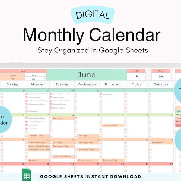 Digital Monthly Calendar 2024 Task Planner Google Sheets Editable Calendar Productivity Planner Spreadsheet Task Tracker Daily To Do List