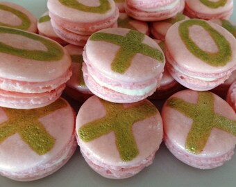 12 Gourmet French Macarons with handpainted gold "X" "O" letters, french macaroons, gluten free, wedding favors,bridal shower,wedding shower