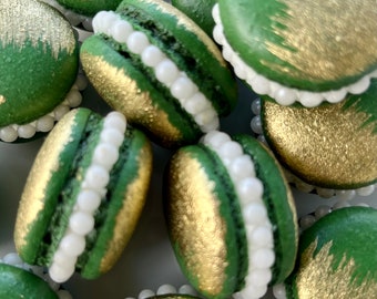 12 Hunter green gold brushed French macarons with pearls,Christmas,baby shower,wedding favor,baptism,bridal,macaroons,birthday party,gold