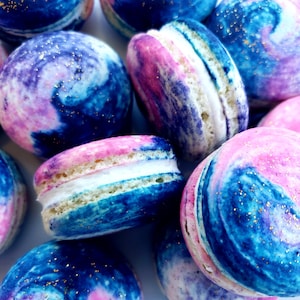 12 Galaxy Space French macarons with gold sparkles,glutenfree cookie,girl,baby shower,macaroons,baptism,birthday party,wedding,retirement