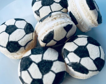 12 Soccerball French Macarons,sport cookies,baby shower macaroons,wedding favors, bridal shower,soccer,basketball,football