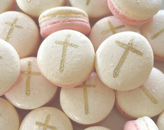 12 Gourmet French Macarons with handpainted cross,french macaroons,baptism,wedding favors,bridal shower,party favors,first communion