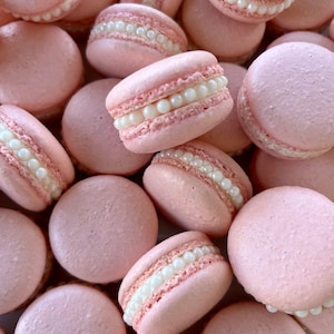 12 Pink champagne French macarons with pearls,baby shower,wedding favor,baptism,bridal,macaroons,birthday party,gold