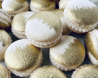 12 Gold brushed French macarons with pearls,baby shower,wedding favor,baptism,bridal shower, macaroons,birthday party,gold,silver,farewell