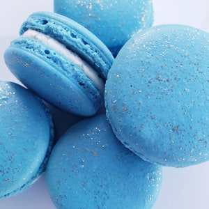 12 Baby blue color Madagascar Bourbon vanilla Macarons gold sparkles on them-gluten free cookie,boy, baby shower, macaroons ,baptism,birhday