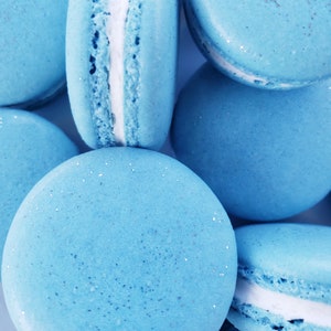 12 Baby blue color Madagascar vanilla Macarons silver sparkles on them-gluten free cookie,boy, baby shower, macaroons ,baptism,birthday