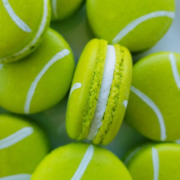 12 Tennis ball French Macarons,sport cookies,baby shower macaroons,wedding favors, bridal shower,soccer,basketball,football