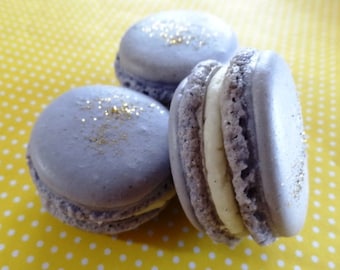 12 French Gourmet Lavender Macaron Cookies with gold sparkles -  european macaroons,bridal shower,wedding,gluten free cookies,easter dessert