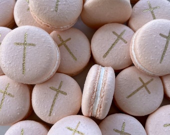 12 Gourmet Blush pink French Macarons with handpainted cross,french macaroons,baptism,wedding favors,party favors,first communion