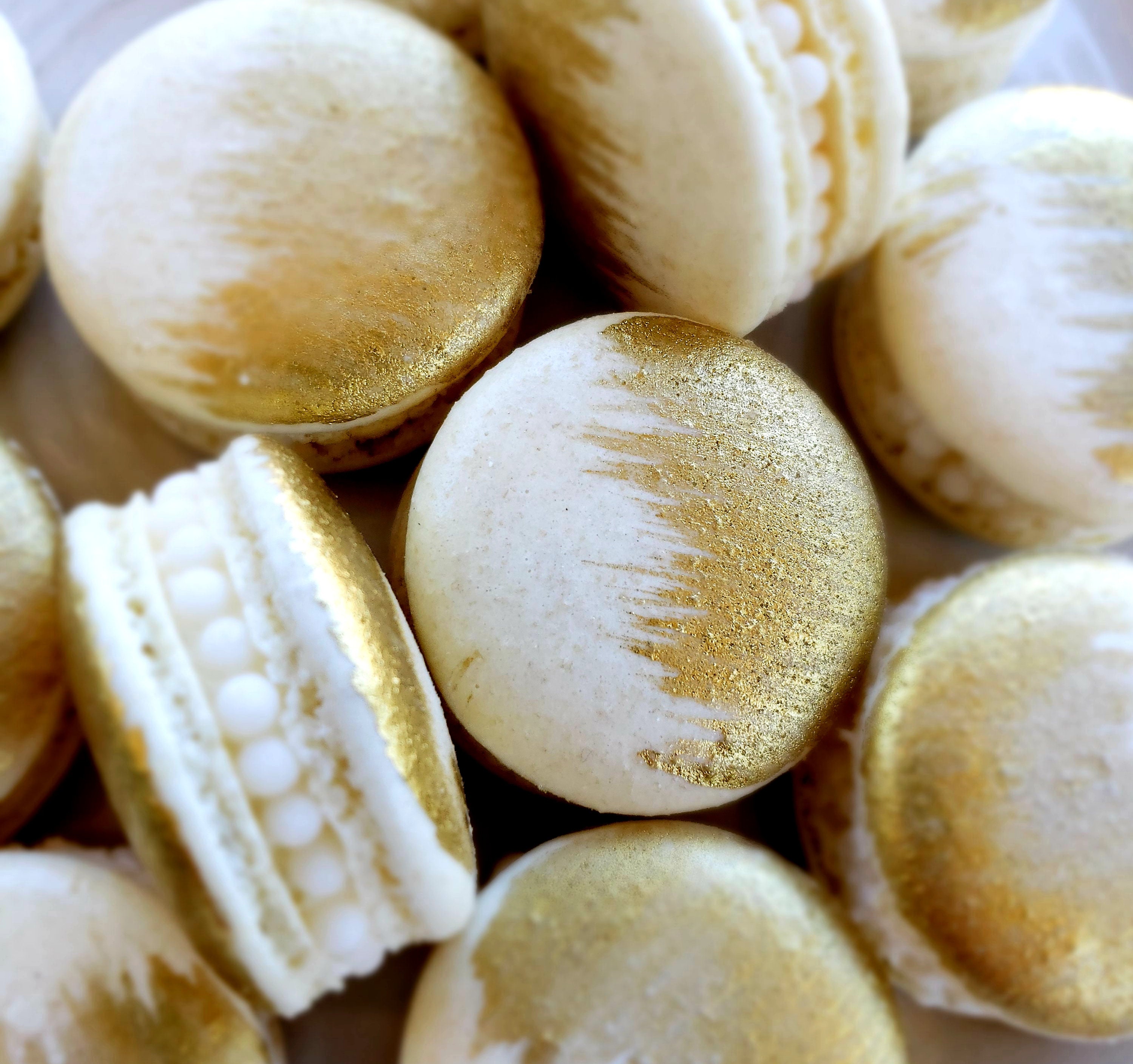 12 Gold brushed French macarons with pearlsgold splashbaby Etsy