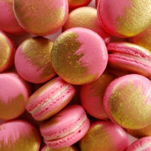 12 Pink gold brushed French macarons, gold splash, baby shower, wedding favor,baptism,bridal,easter macaroons,birthday,gold,silver image 3