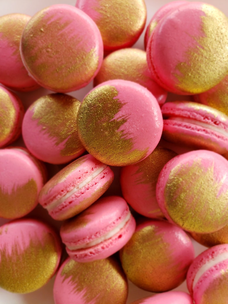 12 Pink gold brushed French macarons, gold splash, baby shower, wedding favor,baptism,bridal,easter macaroons,birthday,gold,silver image 3