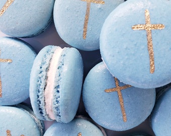 12 Gourmet cerulean blue French Macarons with handpainted cross,french macaroons,baptism,wedding favors,party favors,first communion