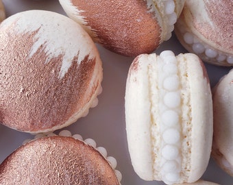 12 Rose gold brushed French macarons with pearls,baby shower,wedding favor,baptism,bridal shower,macaroons,birthday party,gold,silver