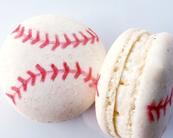 12 Baseball vanilla French Macarons-sport ball cookies,baby shower macaroons,favors,bridal shower, soccer, basketball, tennis