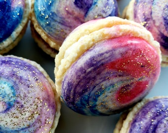 12 Galaxy gourmet French macarons gold sparkles on them-gluten free cookie, girl,baby shower,macaroons,baptism,easter,birthday party,wedding