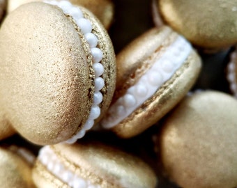 12 Gold French macarons with pearls,gold splash,baby shower,wedding favor,baptism,bridal,macaroons,birthday party,gold,silver,christmas