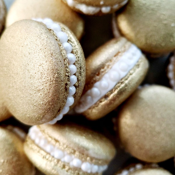 12 Gold French macarons with pearls,gold splash,baby shower,wedding favor,baptism,bridal,macaroons,birthday party,gold,silver,christmas