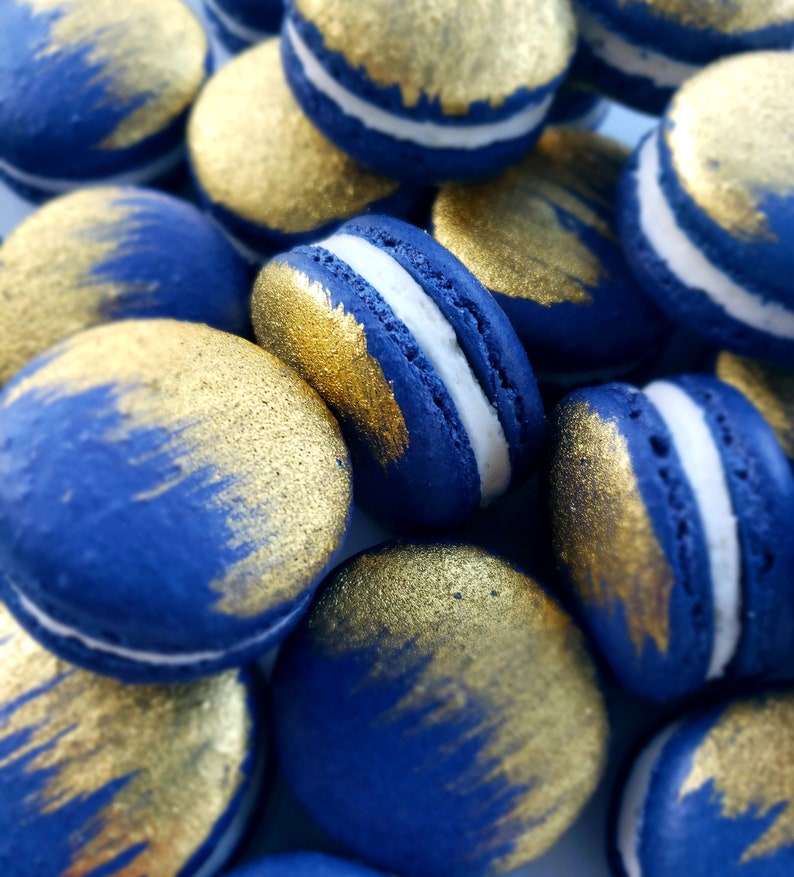 12 Navy Blue Gold Brushed French Macarons-gold Splashbaby | Etsy
