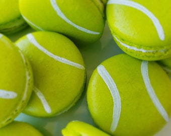 12 Tennis ball French Macarons,sport cookies,baby shower macaroons,wedding favors, bridal shower,soccer,basketball,football