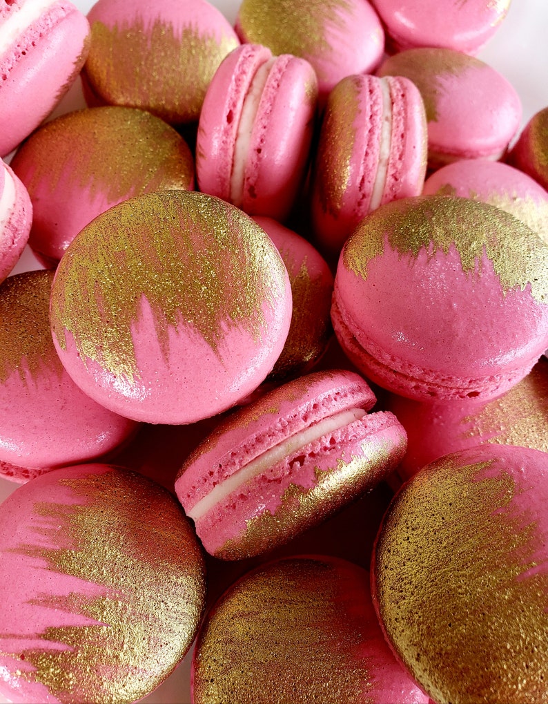 12 Pink gold brushed French macarons, gold splash, baby shower, wedding favor,baptism,bridal,easter macaroons,birthday,gold,silver image 4