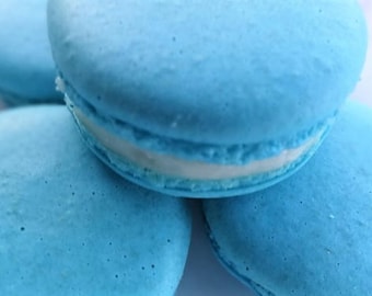 12 Baby blue Madagascar Bourbon vanilla Macarons-baby boy shower, gluten free cookies, baby shower macaroons, birthday party, anniversary