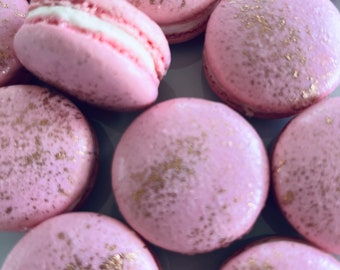 12 Pink Gourmet French macarons-rose gold splash,gold splatter macaron,baby shower,wedding favor,baptism,bridal shower,gold macaroons