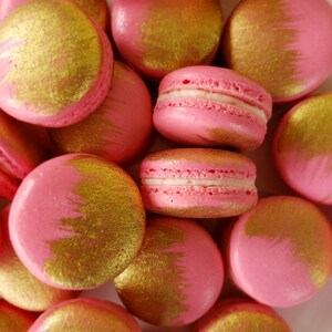 12 Pink gold brushed French macarons, gold splash, baby shower, wedding favor,baptism,bridal,easter macaroons,birthday,gold,silver image 1