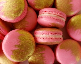 12 Pink gold brushed French macarons, gold splash, baby shower, wedding favor,baptism,bridal,easter macaroons,birthday,gold,silver