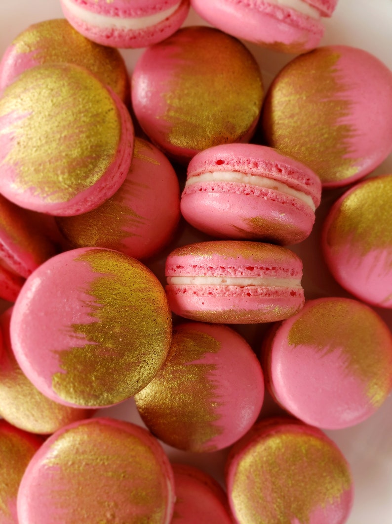 12 Pink gold brushed French macarons, gold splash, baby shower, wedding favor,baptism,bridal,easter macaroons,birthday,gold,silver image 1