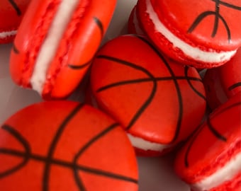 12 Basketball French Macarons,sport cookies,baby shower macaroons,wedding favors, bridal shower,soccer,basketball,football