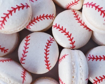 12 beisbol vainilla francesa Macarons-galletas de pelota deportiva, macarrones de baby shower, favores, despedida de soltera, fútbol, baloncesto, tenis, fútbol, fútbol, balones de fútbol