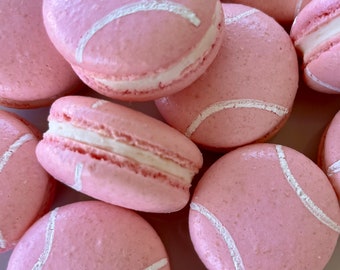 12 Pink Tennis ball French Macarons,sport cookies,baby shower macaroons,wedding favors, bridal shower,soccer,basketball,football