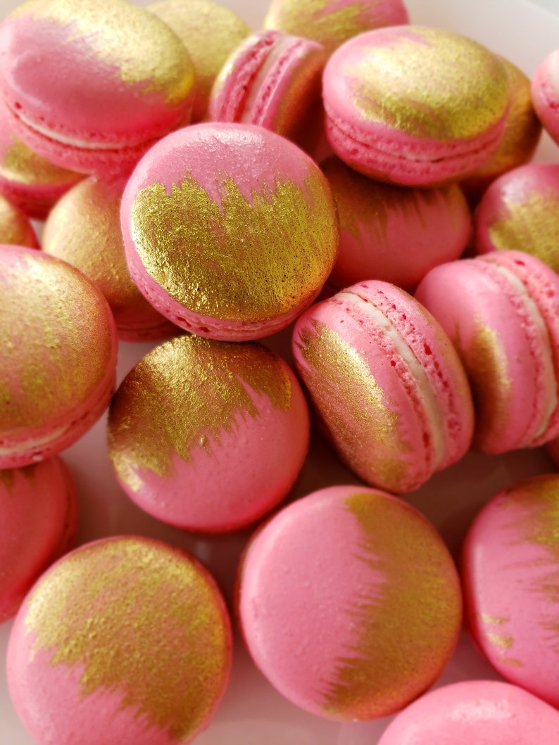 12 Pink gold brushed French macarons gold splash baby | Etsy
