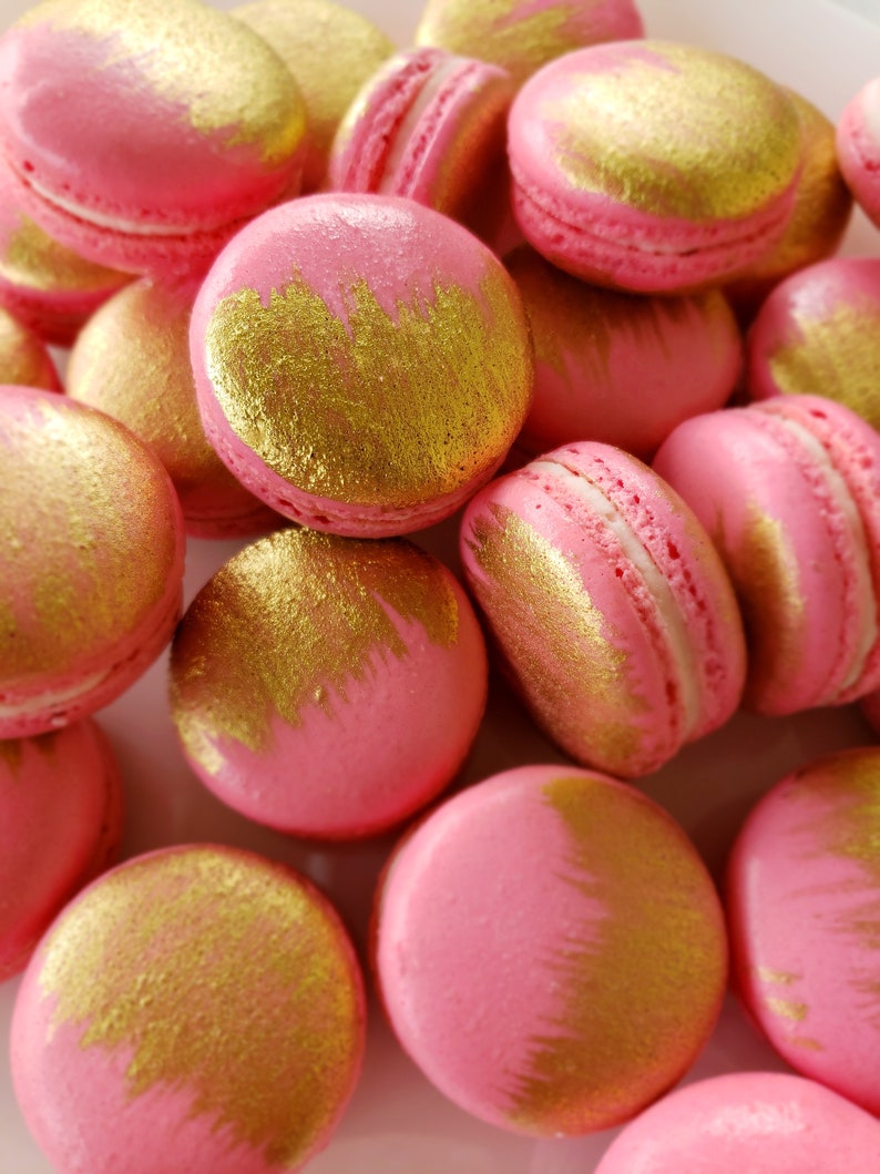 12 Pink gold brushed French macarons, gold splash, baby shower, wedding favor,baptism,bridal,easter macaroons,birthday,gold,silver image 2