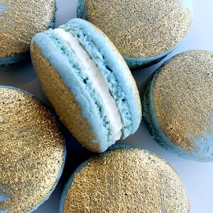 12 Sky blue gold brushed French macarons,baby shower,wedding favor,baptism,bridal shower,macaroons,birthday,gold,silver macaroons,farewell