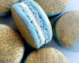 12 Sky blue gold brushed French macarons,baby shower,wedding favor,baptism,bridal shower,macaroons,birthday,gold,silver macaroons,farewell