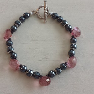 Hematite and Rose Quartz Bracelet, Women&#39;s Bracelet, Anniversary Gift, Genuine Gemstone Bracelet, Healing Crystal Bracelet, Gift Under 25