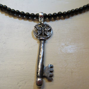 Black Agate Necklace: Butterfly Skeleton Key Pendant, Green Girl Studio