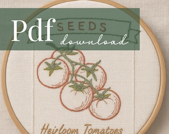 Heirloom Tomato Embroidery Pattern – Seed Packet Design PDF – Botanical Garden Stitching – Printable Digital Download