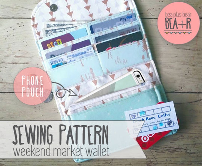 Weekend Market Phone Wallet Sewing Pattern // Clutch / Phone Pouch / Pocketbook / All-in-one / Fat Quarter Project / PDF / Download image 1