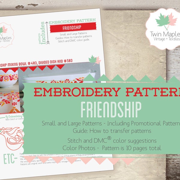 PYREX Embroidery Patterns (24 individual patterns) - Friendship / Rooster / Penn Dutch / Red Birds / Vintage Pyrex Inspired