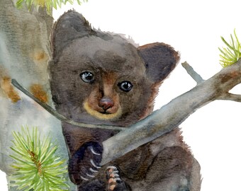 Bear play- Original Watercolor fine art print, baby bear, woodland, Nursery wall art, bear on the tree