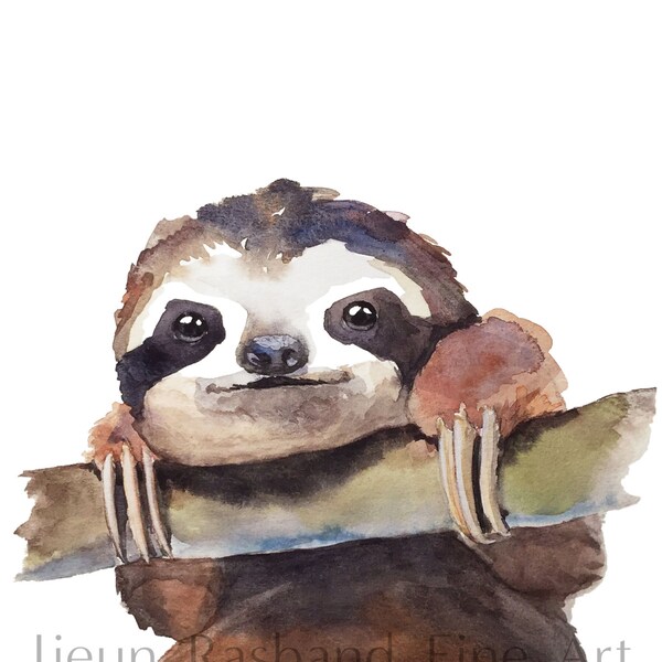 Baby Sloth-"hang in there." Watercolor fine art print, baby animal prints, nursery decor, wall art