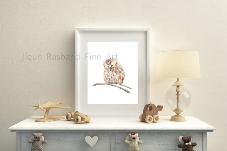 Sleeping baby Owl instant print,animal printable art, watercolor by Jieun Rasband, wall decor, Nursery wall art image 2