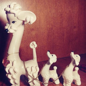 Anthropomorphic Norcrest JAPAN A566 Proud Mother Poodle figurine, Spaghetti poodle with mini chained poodle pups,long neck poodle figure
