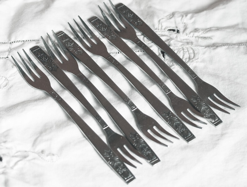 Young Rose pattern made in Korea set of 8 Imperial cocktail forks stainless steel flatware by Imperial Set of shrimp forks